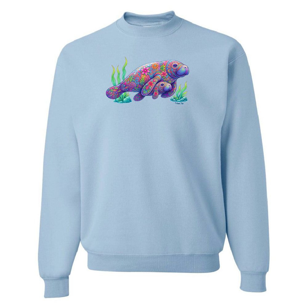 Light blue sweatshirt with a colorful sea turtle design on a white background