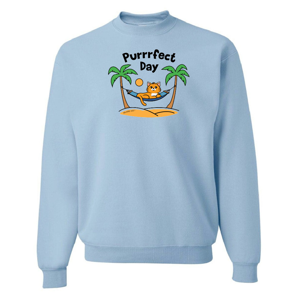 Light blue sweatshirt with a cat graphic and 'Purrfect Day' text on a white background