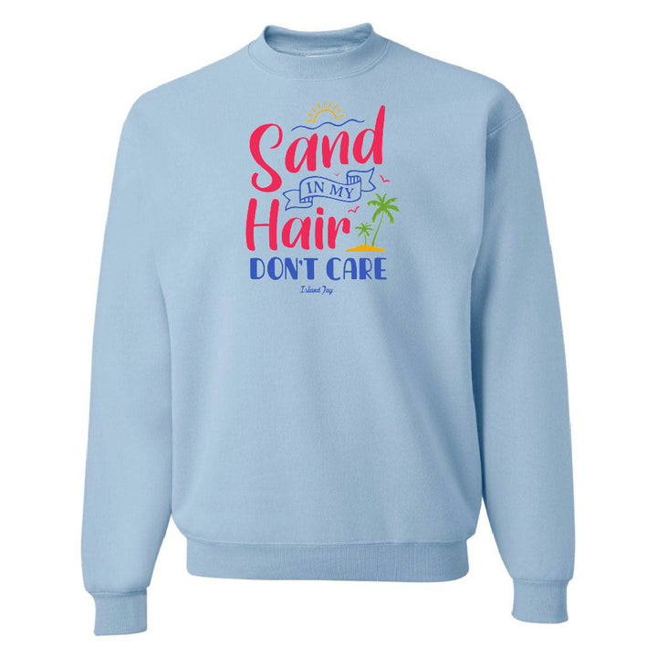 Light blue sweatshirt with colorful text design on a white background