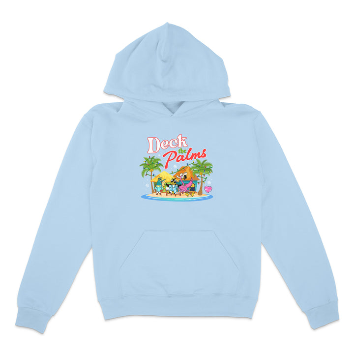 Light blue hoodie with 'Deck the Palms' graphic on a white background