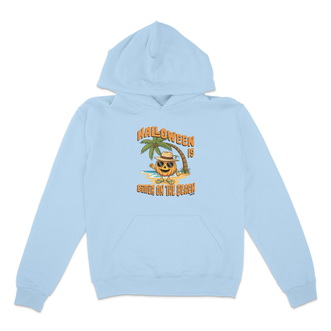 Light blue hoodie with Halloween design featuring a pumpkin and palm tree on a white background