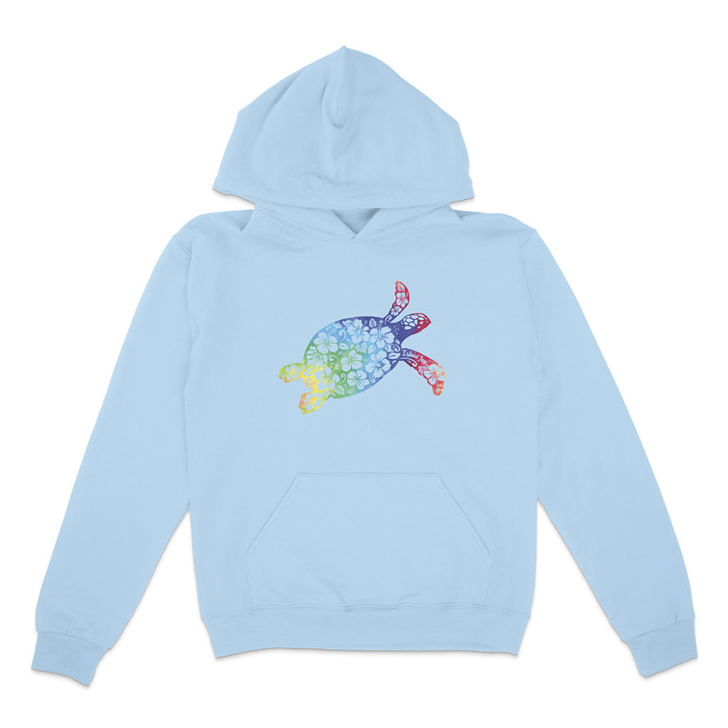 Light blue hoodie with a colorful turtle design on a white background