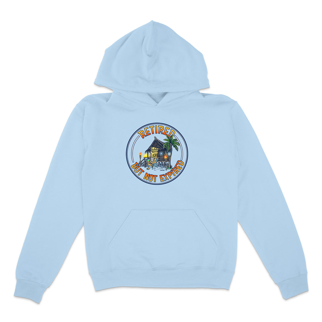Light blue hoodie with a colorful graphic on a white background