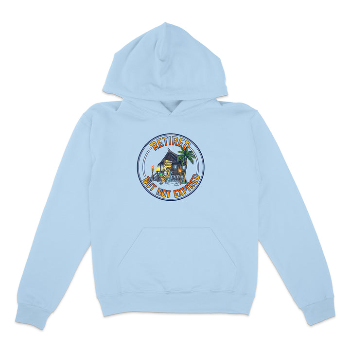 Light blue hoodie with a colorful graphic on a white background