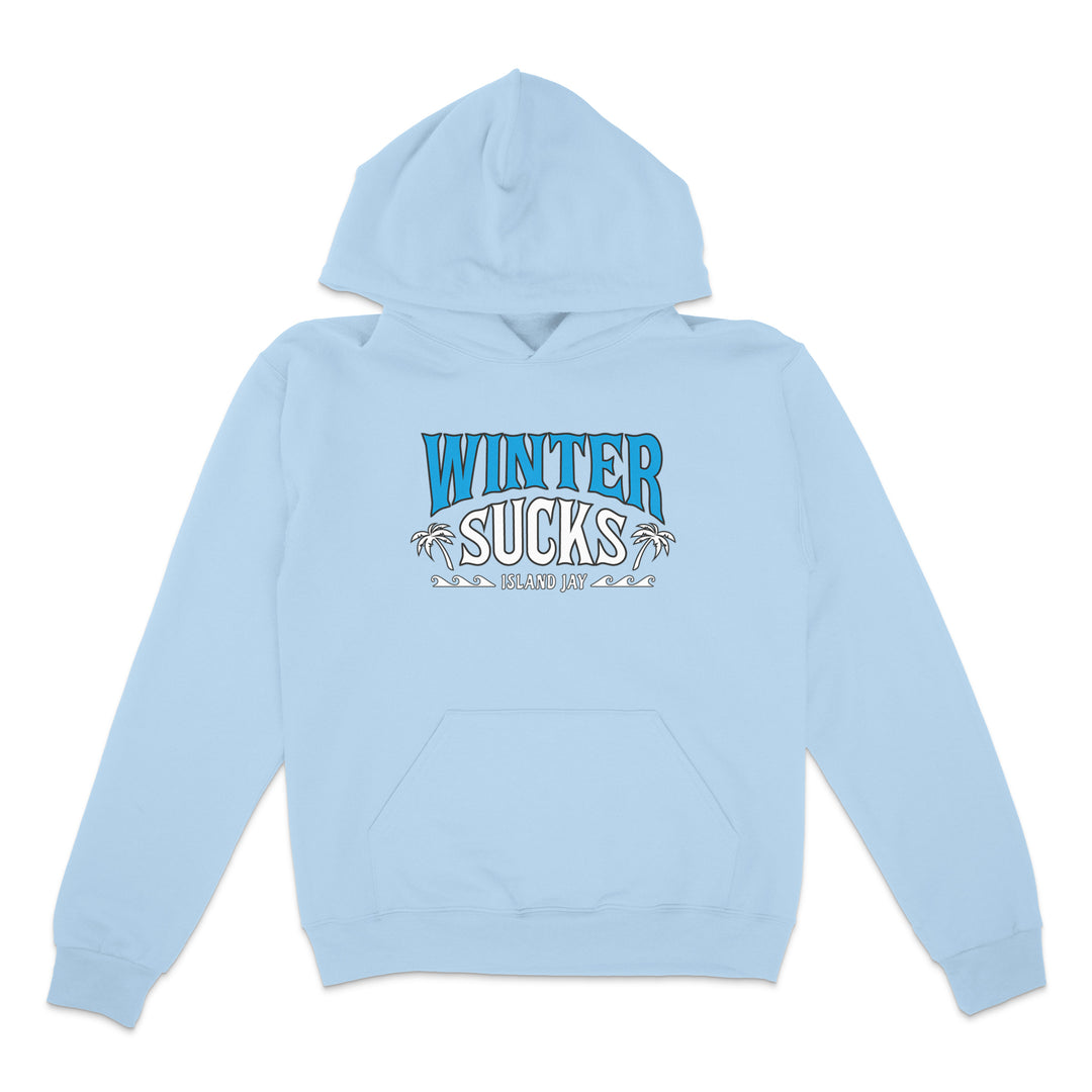 Light blue hoodie with 'Winter Sucks' text on a white background