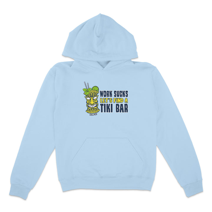 Light blue hoodie with a tiki bar graphic and text on a white background