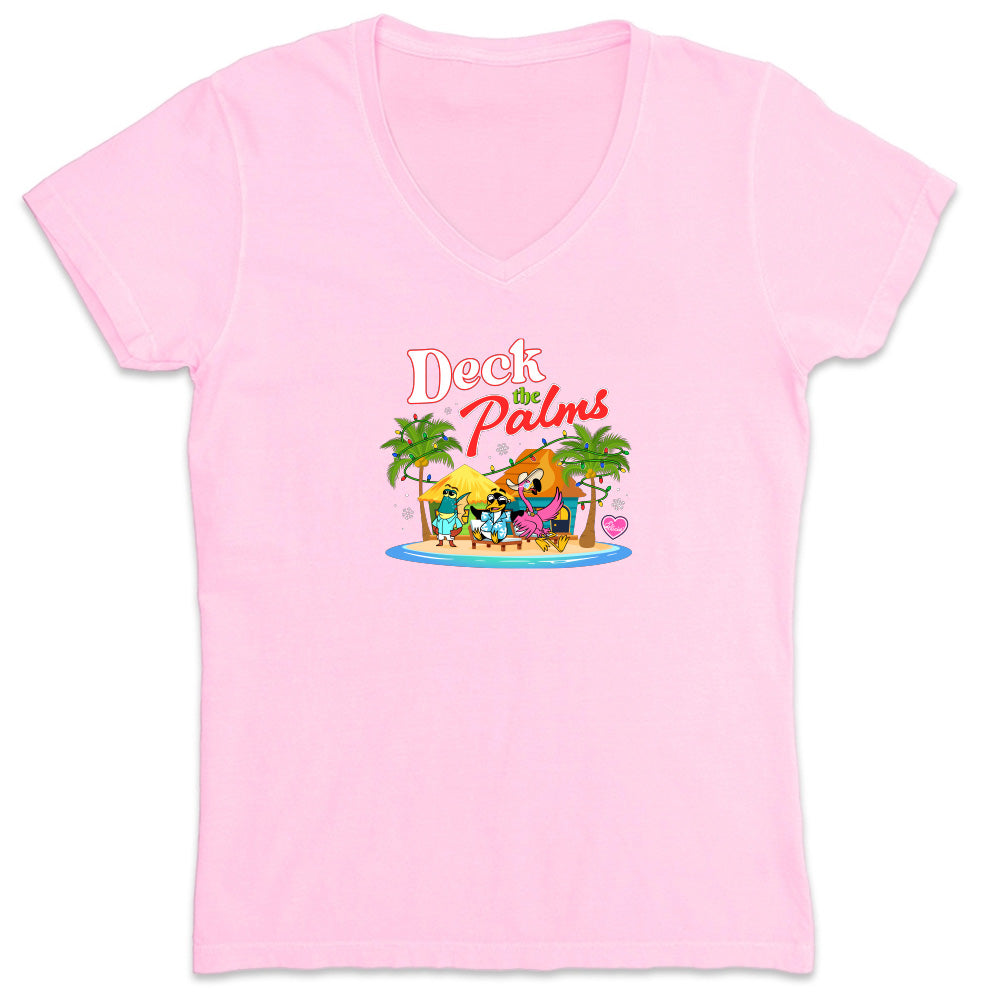 Pink t-shirt with a tropical graphic and 'Deck the Palms' text on a white background