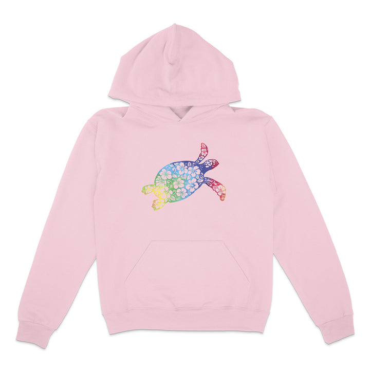 Pink hoodie with a colorful turtle design on a white background