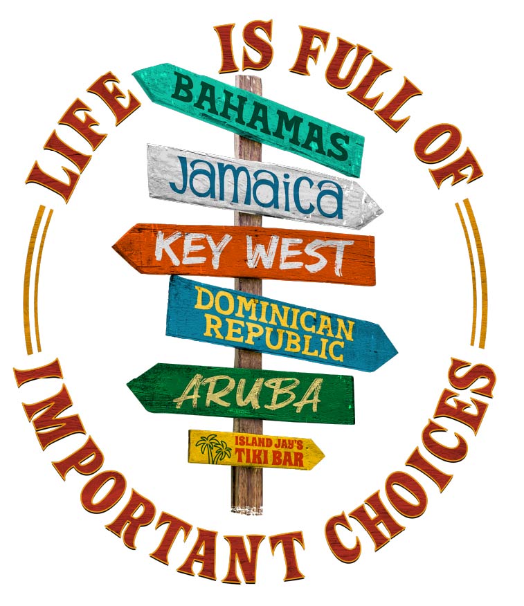 Decorative signpost with tropical destinations and motivational text on a white background