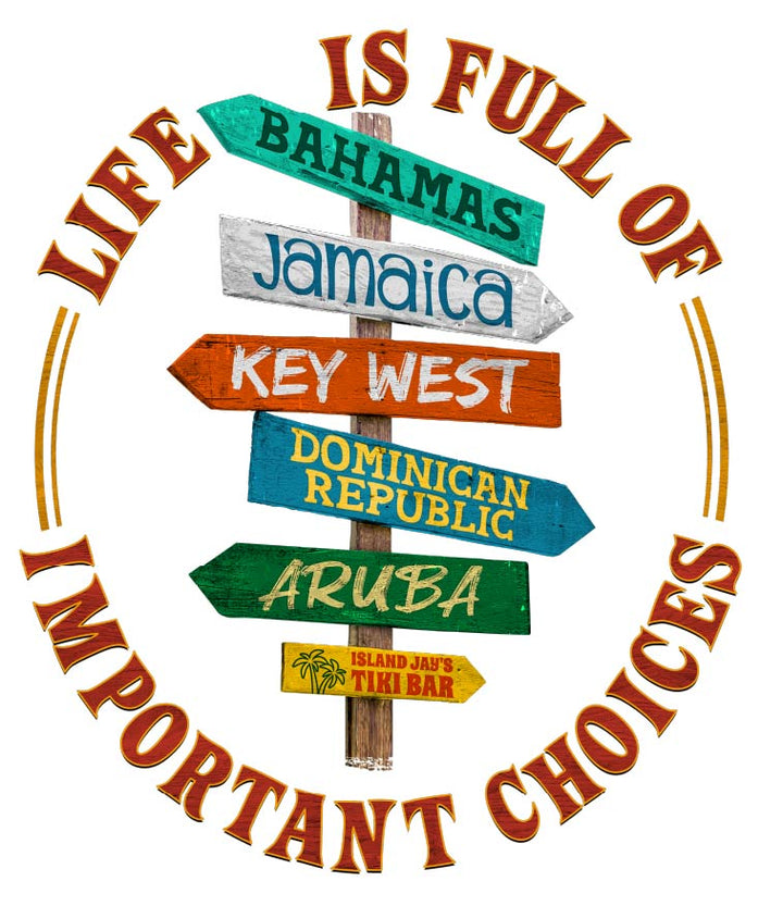 Decorative signpost with tropical destinations and motivational text on a white background