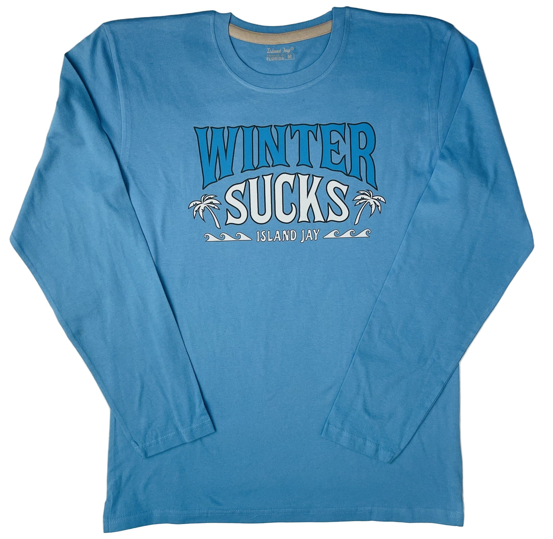 Blue long-sleeve shirt with 'Winter Sucks' text on a beige background