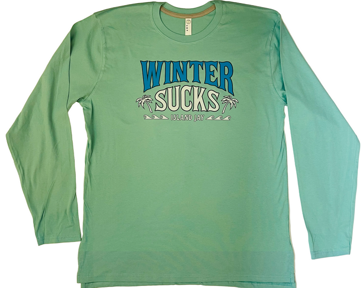 Green long-sleeve shirt with 'Winter Sucks' text on a beige background