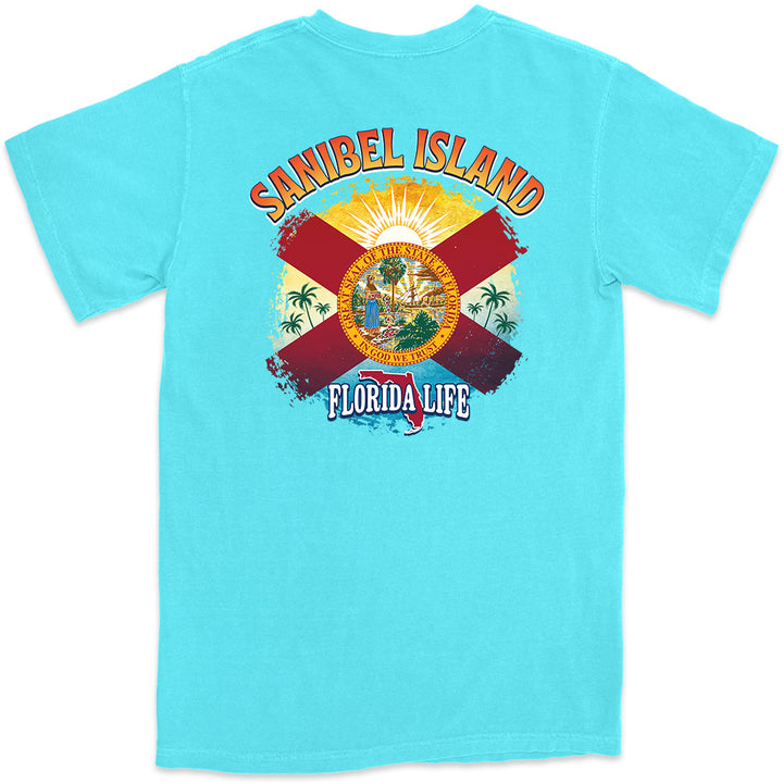 Sanibel Island Florida State Flag Tree T-Shirt Lagoon Blue