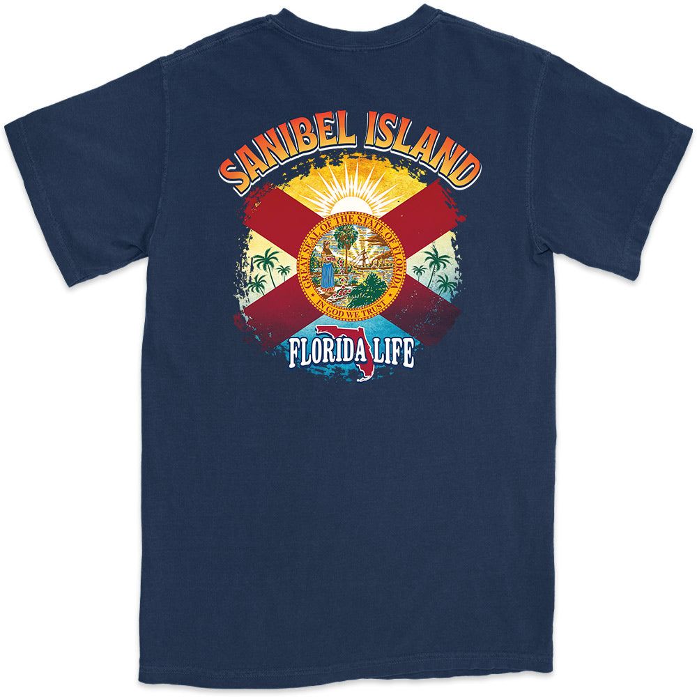 Sanibel Island Florida State Flag Tree T-Shirt Navy