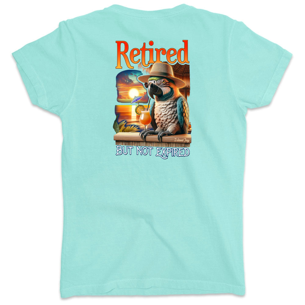 Light blue t-shirt with a graphic of a parrot and text 'Retired but not expired' on a white background