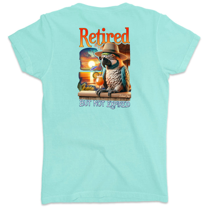 Light blue t-shirt with a graphic of a parrot and text 'Retired but not expired' on a white background