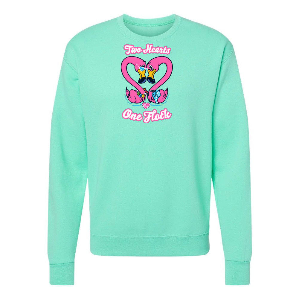 Mint green sweatshirt with heart design and text on a white background