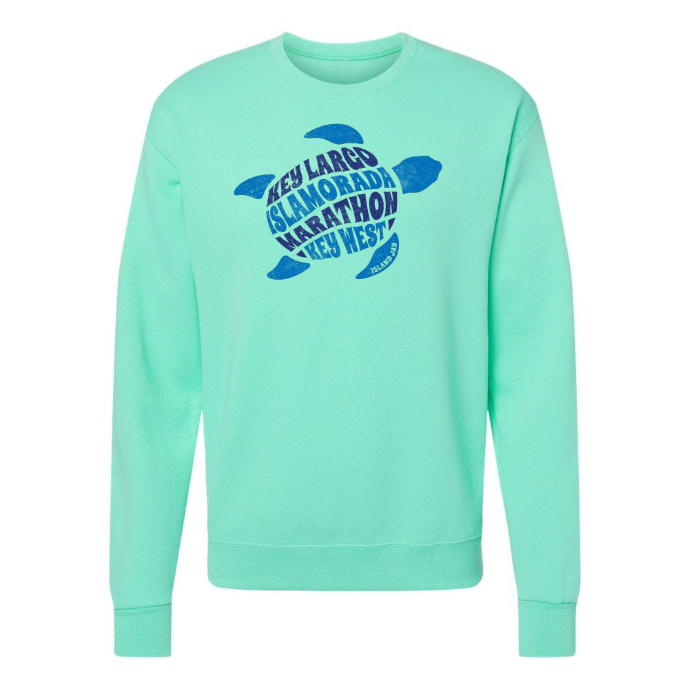 Mint green sweatshirt with blue turtle design and text on a white background