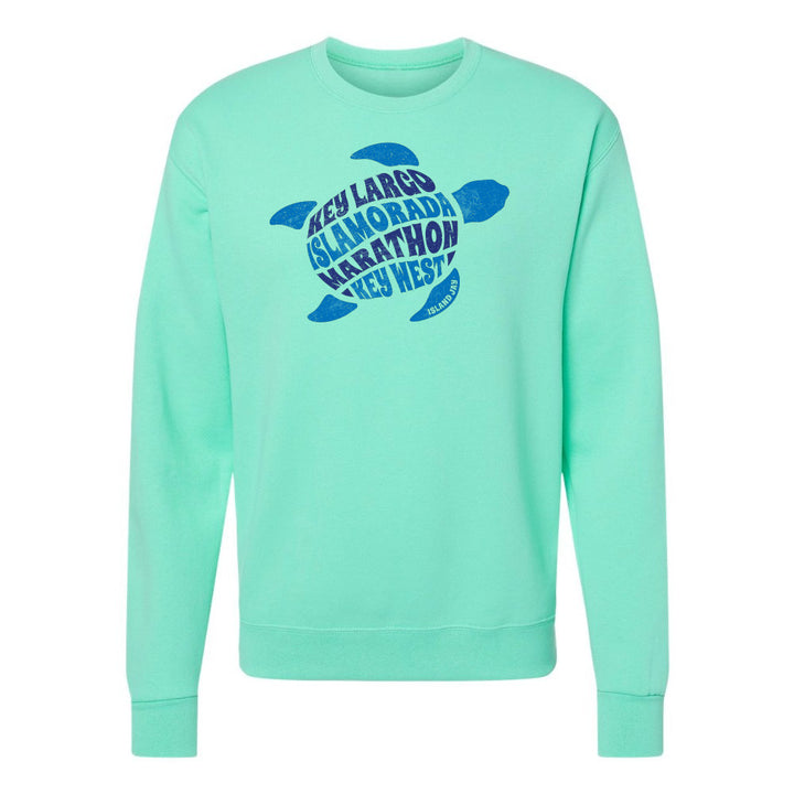 Mint green sweatshirt with blue turtle design and text on a white background