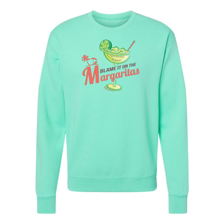 Mint green sweatshirt with 'Blame it on the Margaritas' text and graphic on a white background