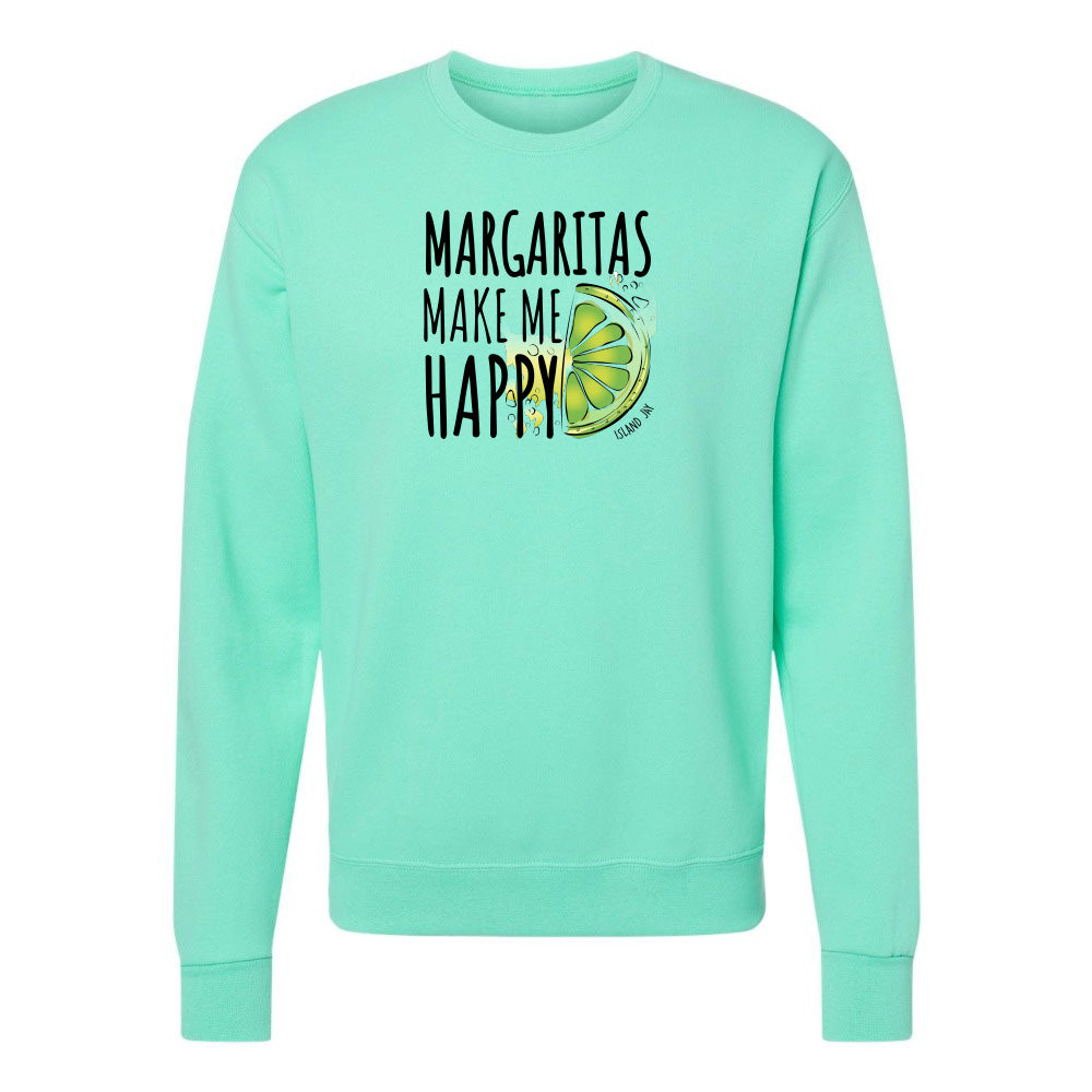 Mint green sweatshirt with 'Margaritas Make Me Happy' text and lime graphic on a white background