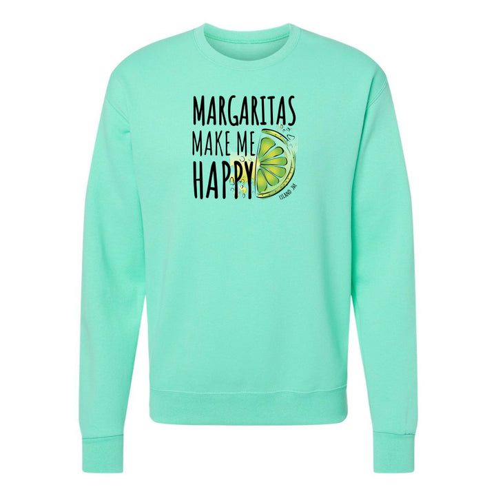 Mint green sweatshirt with 'Margaritas Make Me Happy' text and lime graphic on a white background