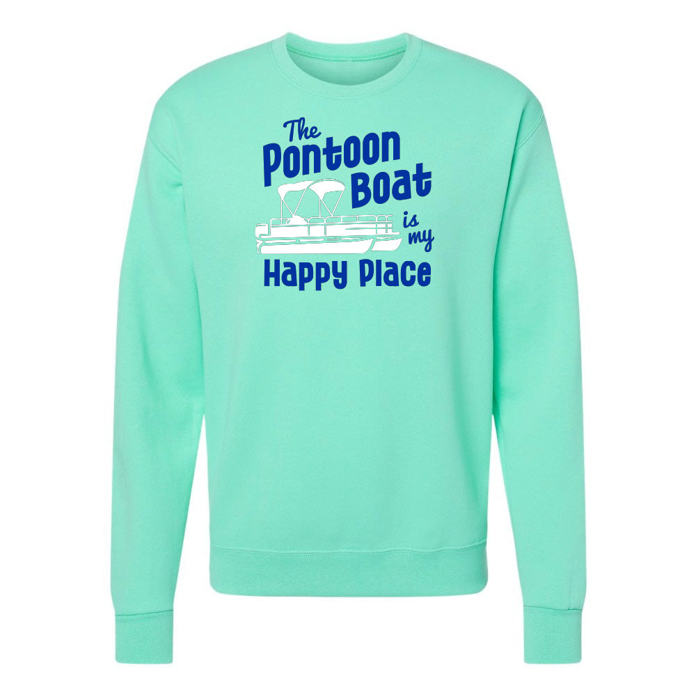 Mint green sweatshirt with blue text and graphic on a white background