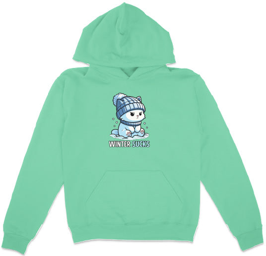 Mint green hoodie with a cartoon character and 'Winter Sucks' text on a white background