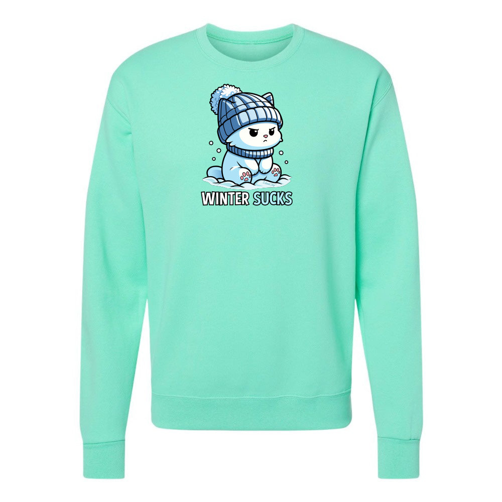 Mint green sweatshirt with a cartoon character and 'Winter Sucks' text on a white background