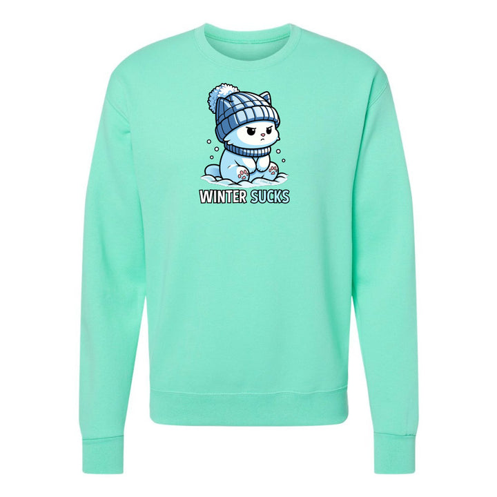 Mint green sweatshirt with a cartoon character and 'Winter Sucks' text on a white background