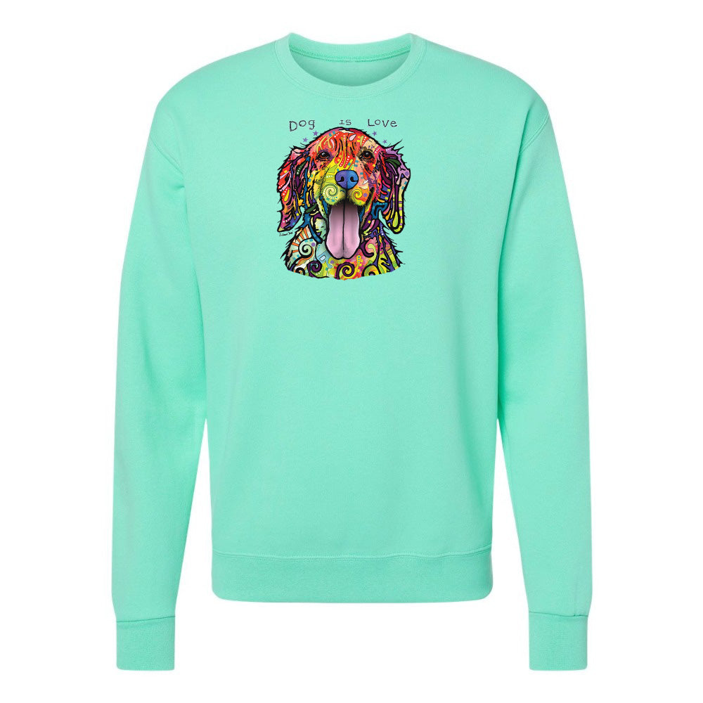 Mint green sweatshirt with a colorful dog graphic and text on a white background