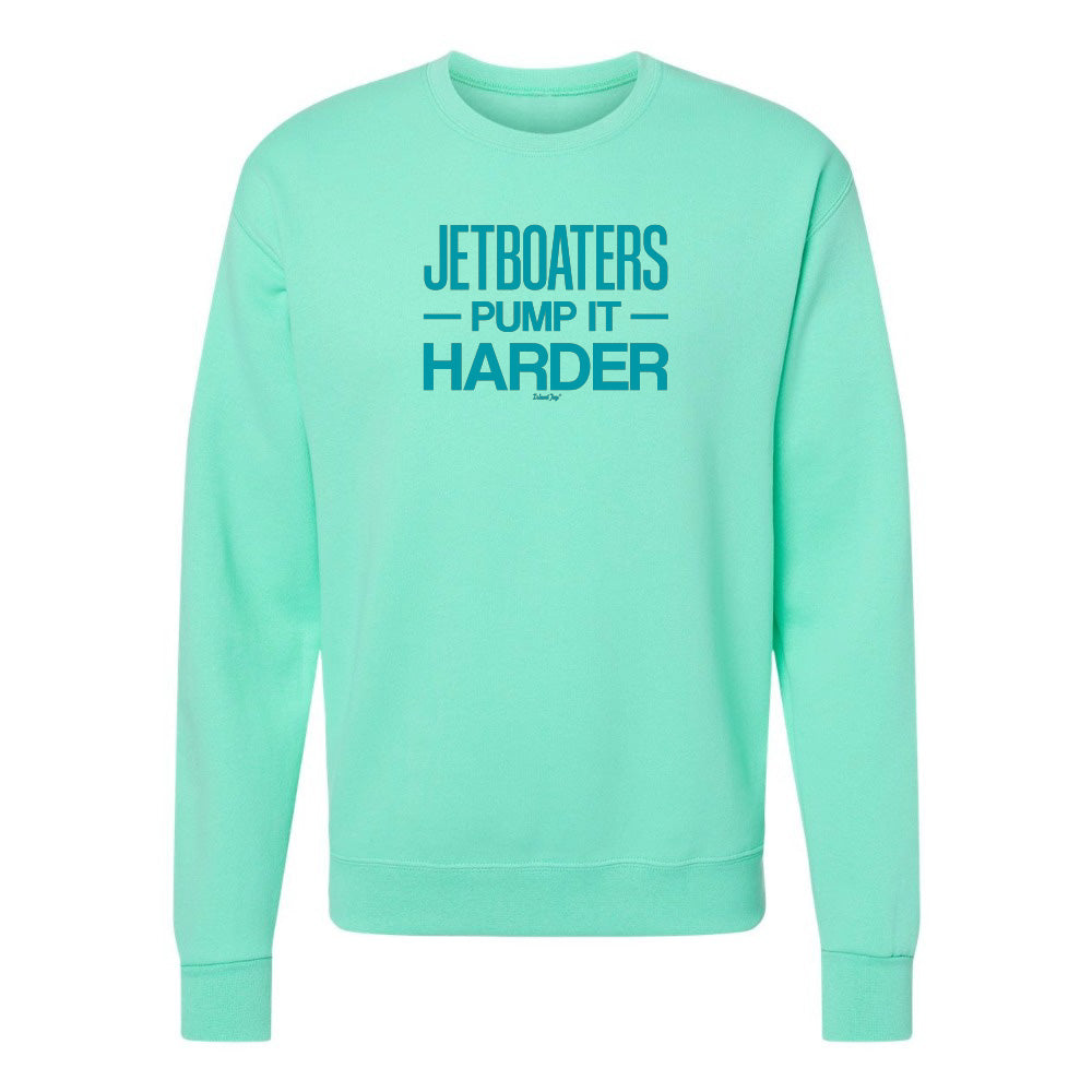 Mint green sweatshirt with blue text on a white background