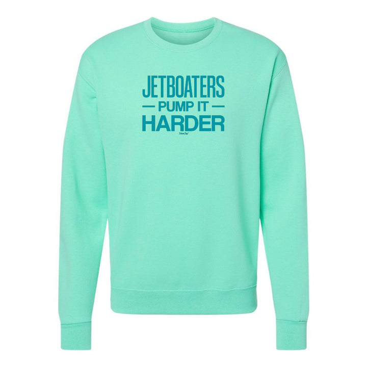Mint green sweatshirt with blue text on a white background