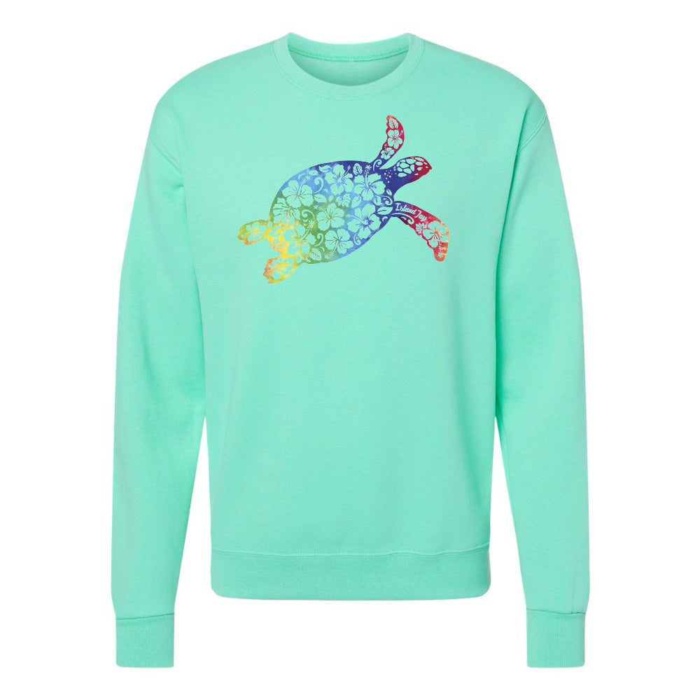 Mint green sweatshirt with a colorful turtle design on a white background