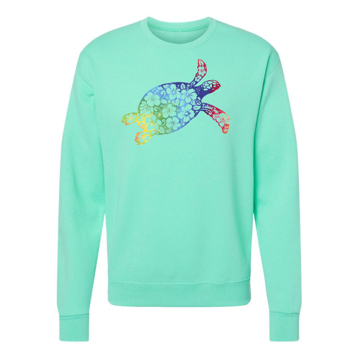Mint green sweatshirt with a colorful turtle design on a white background