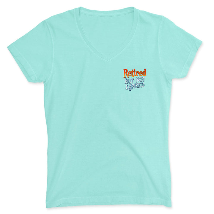 Mint green t-shirt with 'Retired But Not Expired' text on a white background