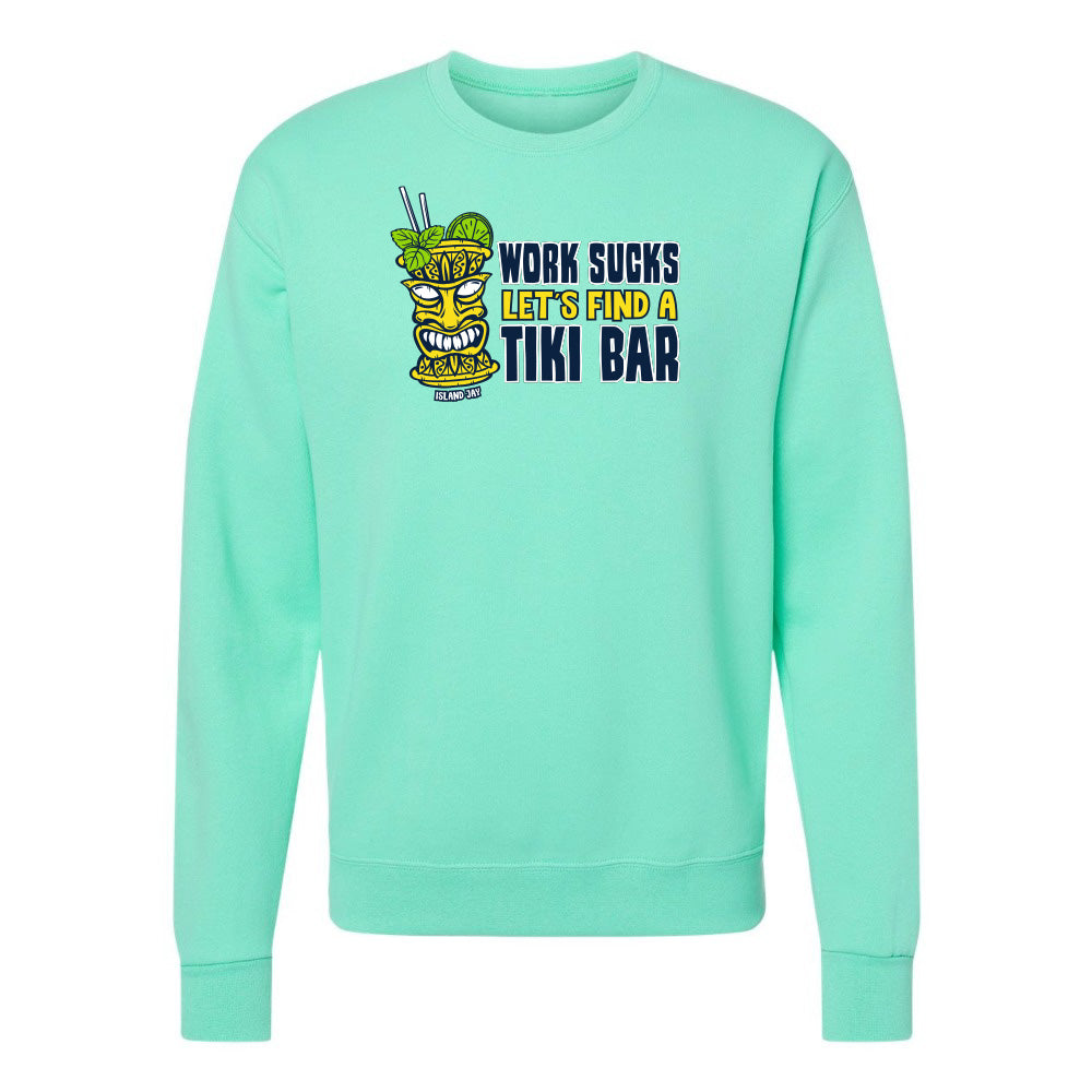 Mint green sweatshirt with tiki bar graphic and text on a white background