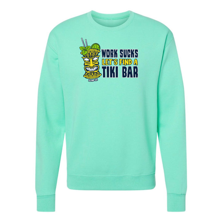 Mint green sweatshirt with tiki bar graphic and text on a white background