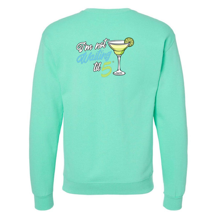 Mint green sweatshirt with a graphic and text on the back against a white background