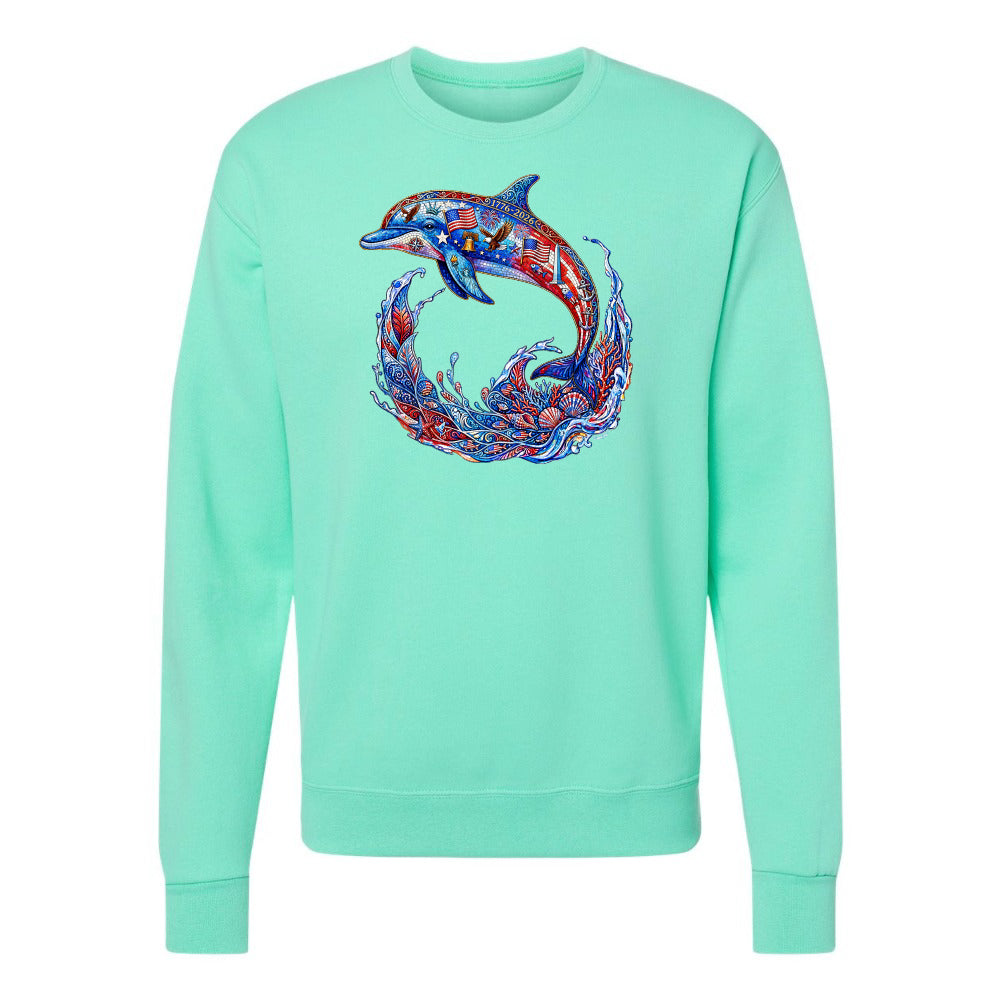 Mint green sweatshirt with a colorful dolphin design on a white background