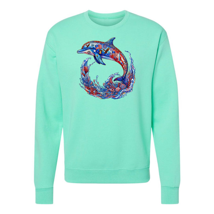 Mint green sweatshirt with a colorful dolphin design on a white background