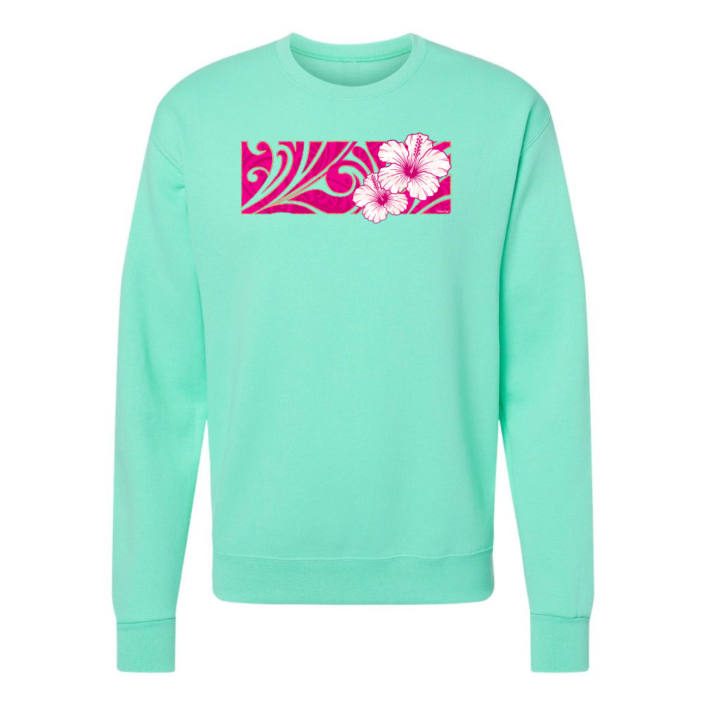 Mint green sweatshirt with pink floral design on a white background