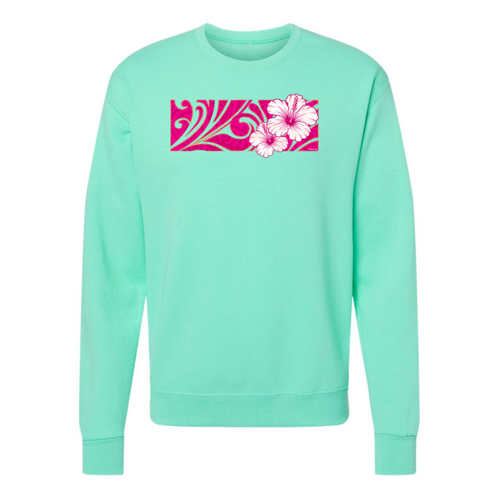 Mint green sweatshirt with pink floral design on a white background