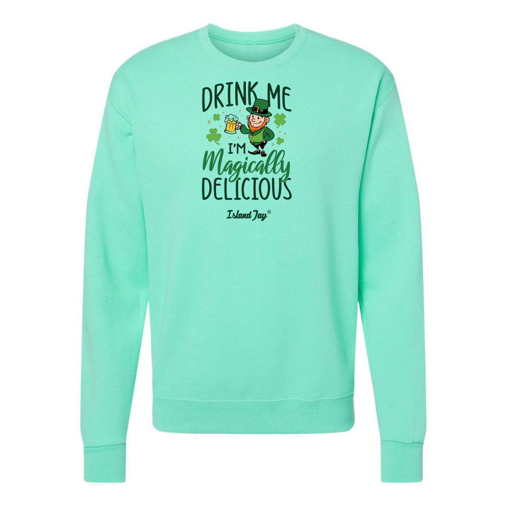 Mint green sweatshirt with text and graphic on a white background