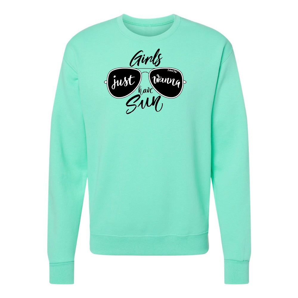 Mint green sweatshirt with sunglasses graphic and text on a white background