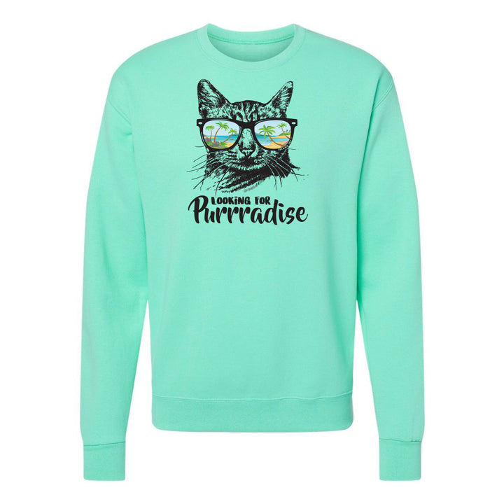 Mint green sweatshirt with a cat graphic and text on a white background