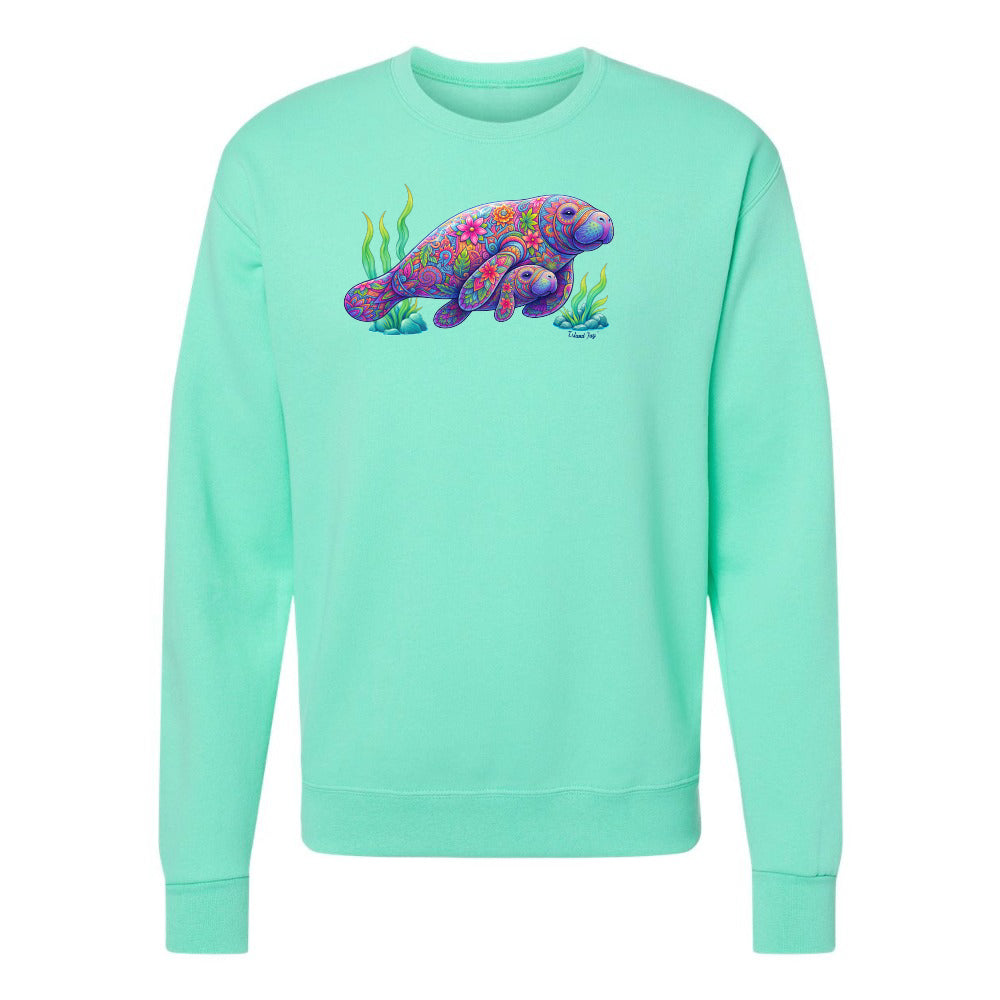 Mint green sweatshirt with a colorful sea turtle design on a white background