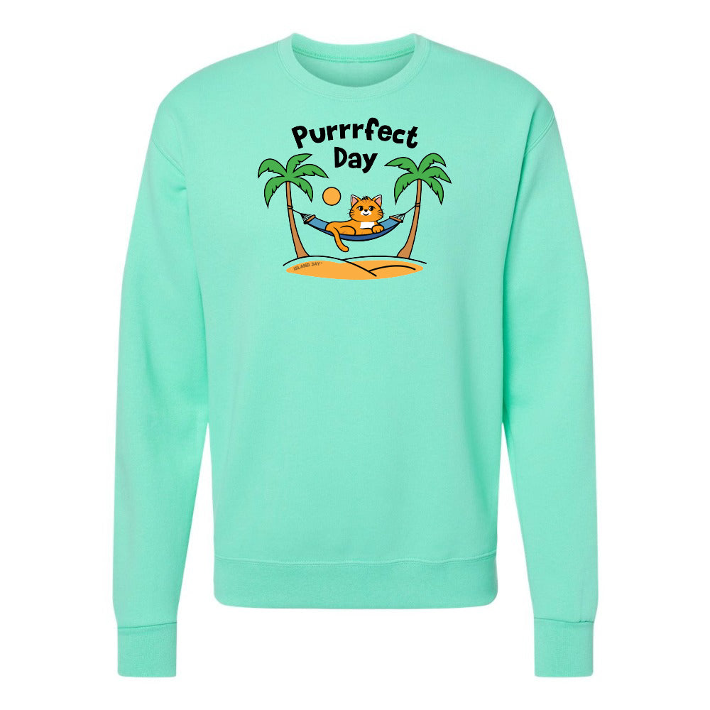Mint green sweatshirt with a cat graphic and 'Purrfect Day' text on a white background