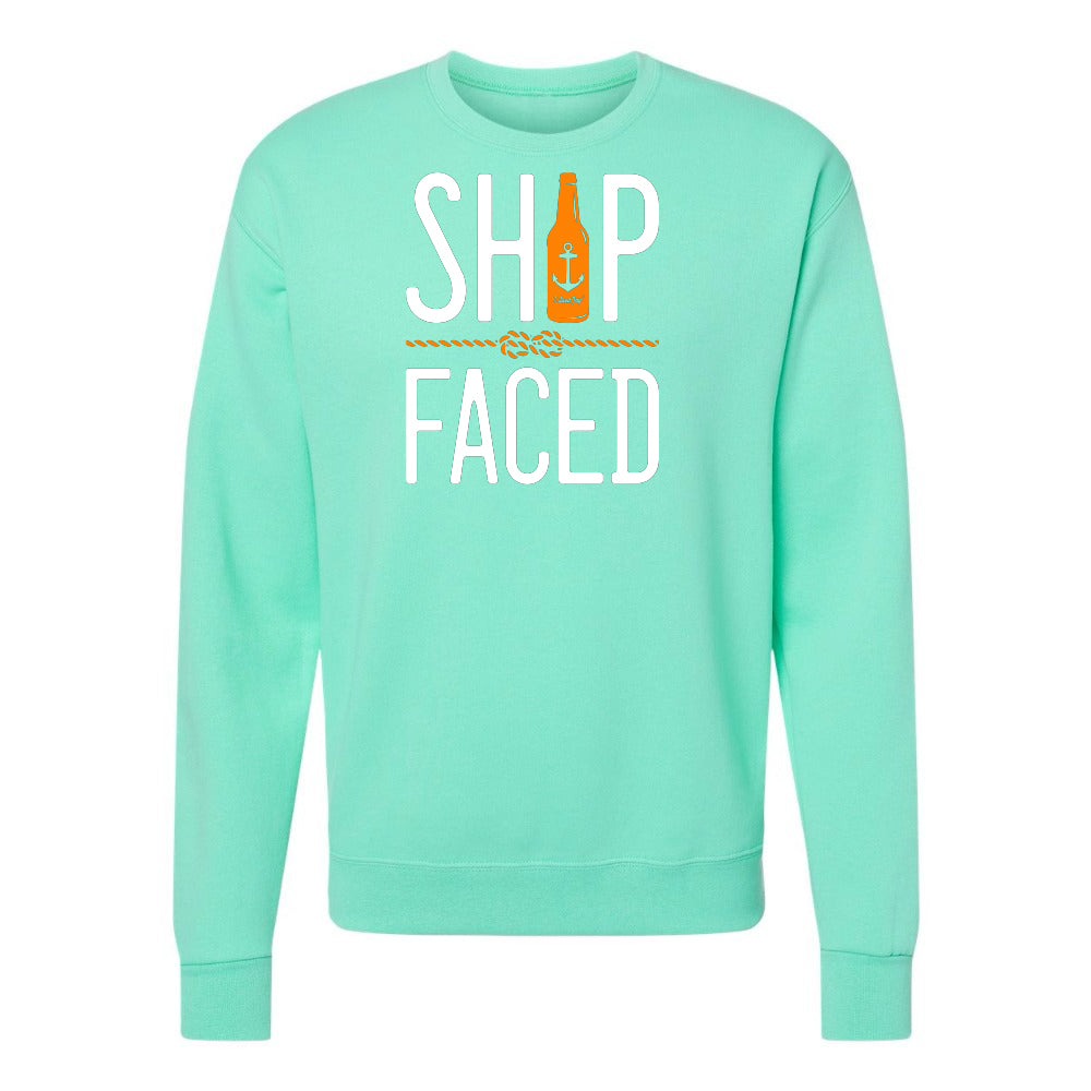 Mint green sweatshirt with 'Ship Faced' text and bottle graphic on a white background