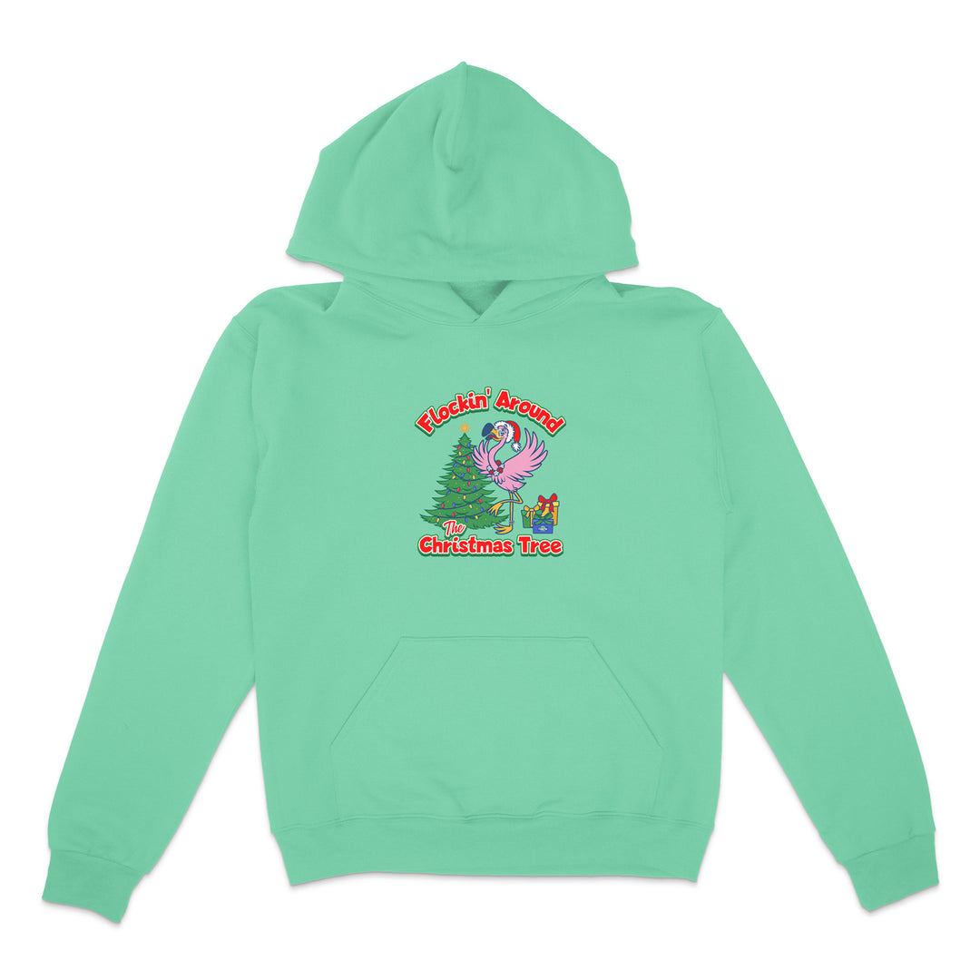 Mint green hoodie with Christmas-themed design on a white background
